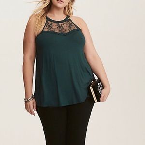 EMERALD GREEN SUPER SOFT LACE INSET HIGH NECK TANK